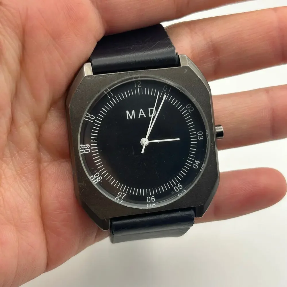 MAD Black Dial and Leather Metallic Gray Case Watch Working New Battery